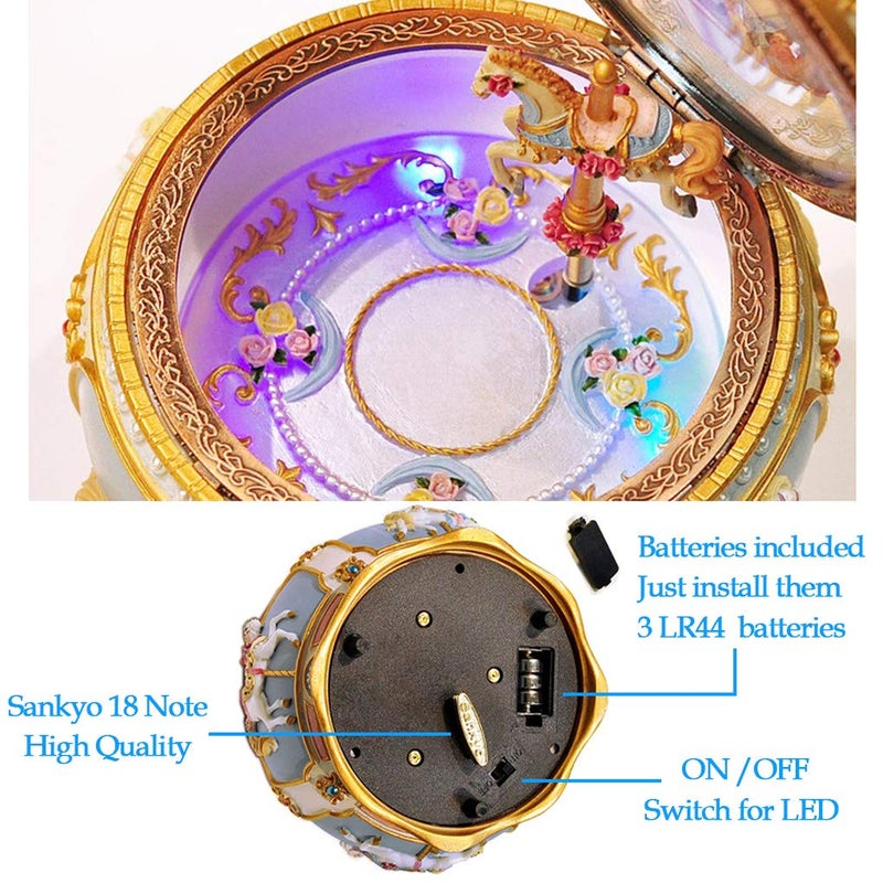 Briskfeel Classical Carousel Horse Music Box LED lights Twinkling Resin Carved Collectible Mechanical Musical Box with Sankyo 18-Note Horse Rotates with Music - Image 5